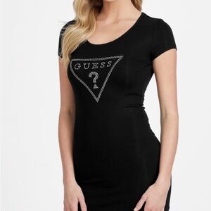 GUESS Black Rhinestone Logo Bodycon Dress